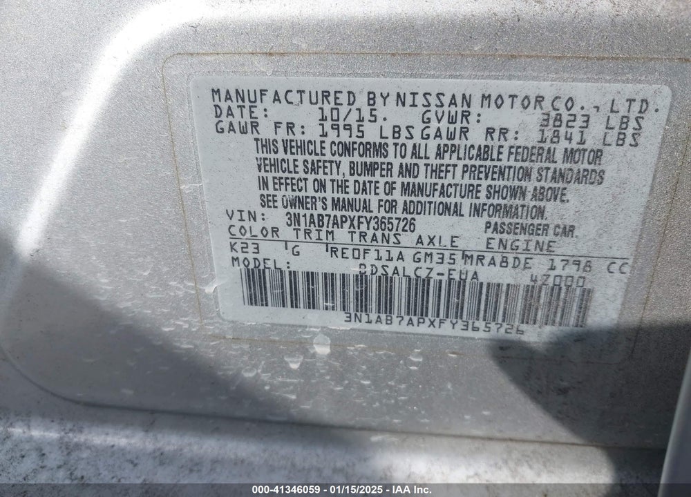 2015 NISSAN SENTRA S VIN: 3N1AB7APXFY365726
