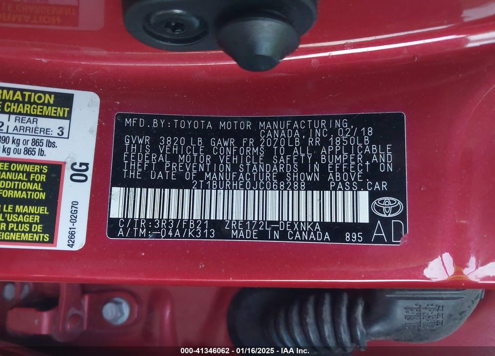 2018 TOYOTA COROLLA VIN: 2T1BURHE0JC068288