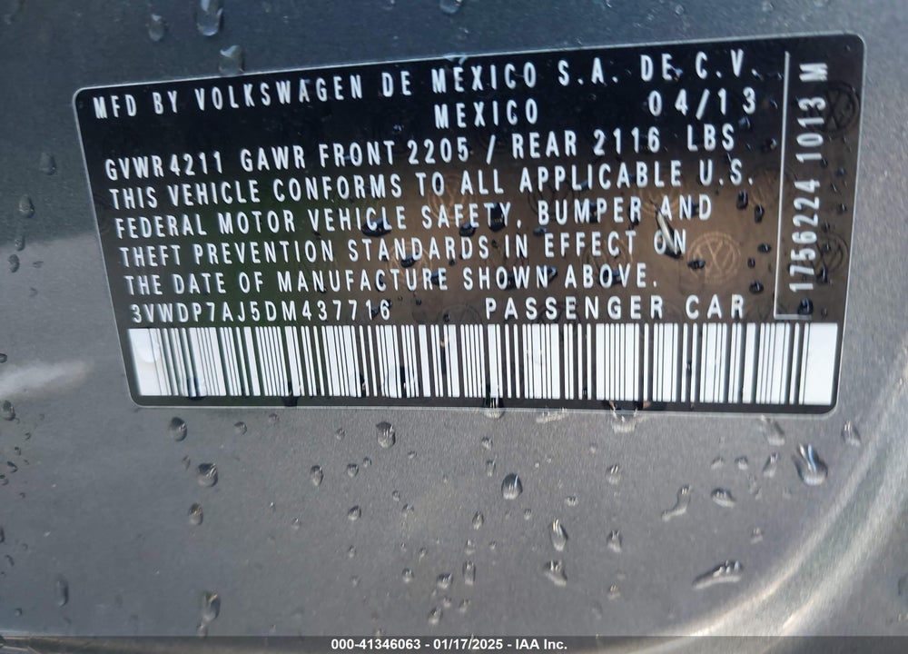 2013 VOLKSWAGEN JETTA VIN: 3VWDP7AJ5DM437716