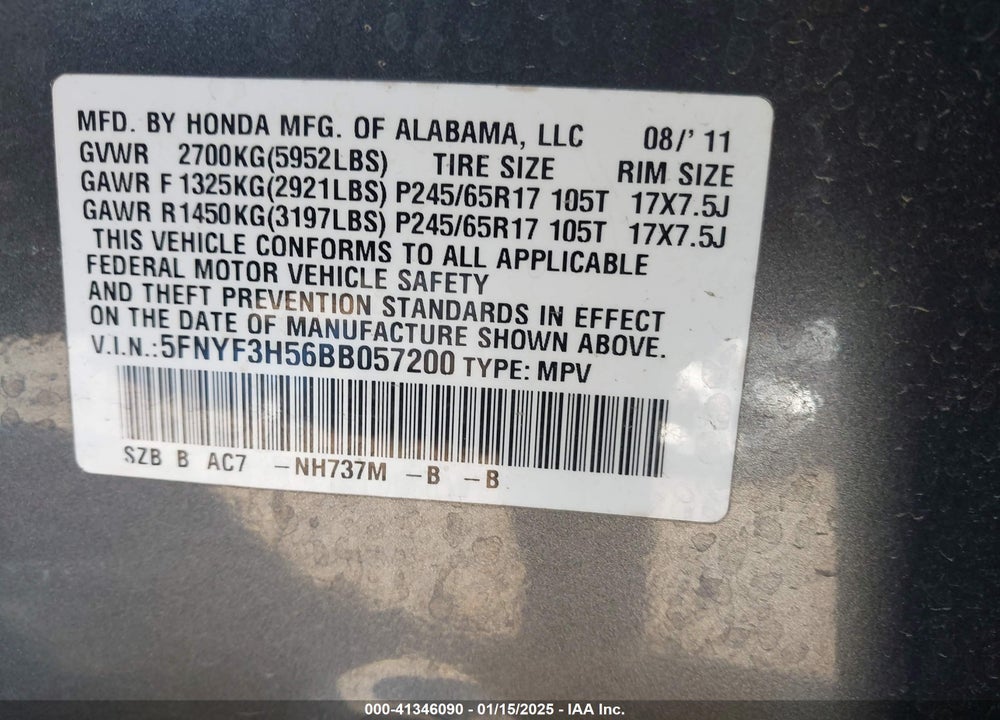 2011 HONDA PILOT EX-L VIN: 5FNYF3H56BB057200