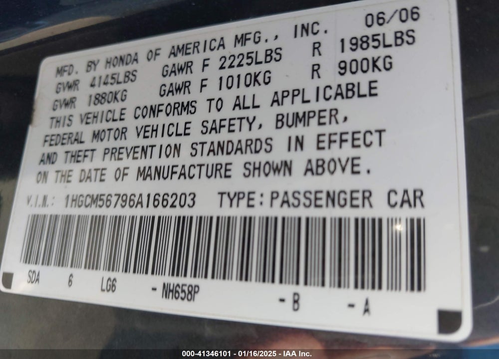 2006 HONDA ACCORD VIN: 1HGCM56796A166203
