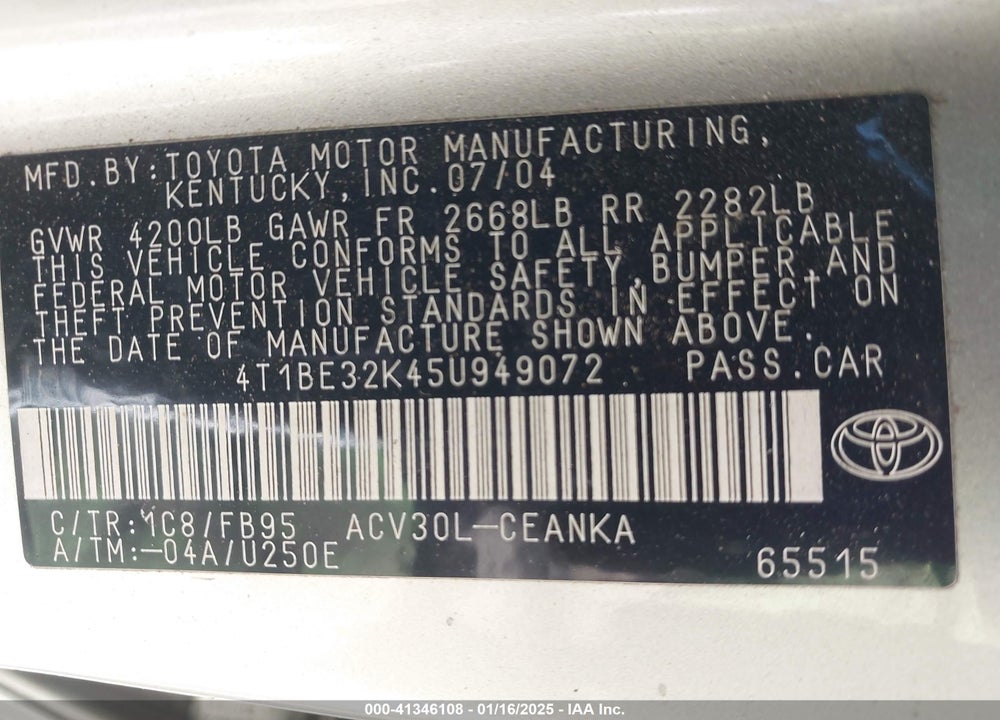 2005 TOYOTA CAMRY LE VIN: 4T1BE32K45U949072