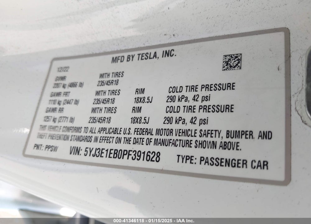 2023 TESLA MODEL 3 LONG RANGE DUAL MOTOR ALL-WHEEL DRIVE VIN: 5YJ3E1EB0PF391628