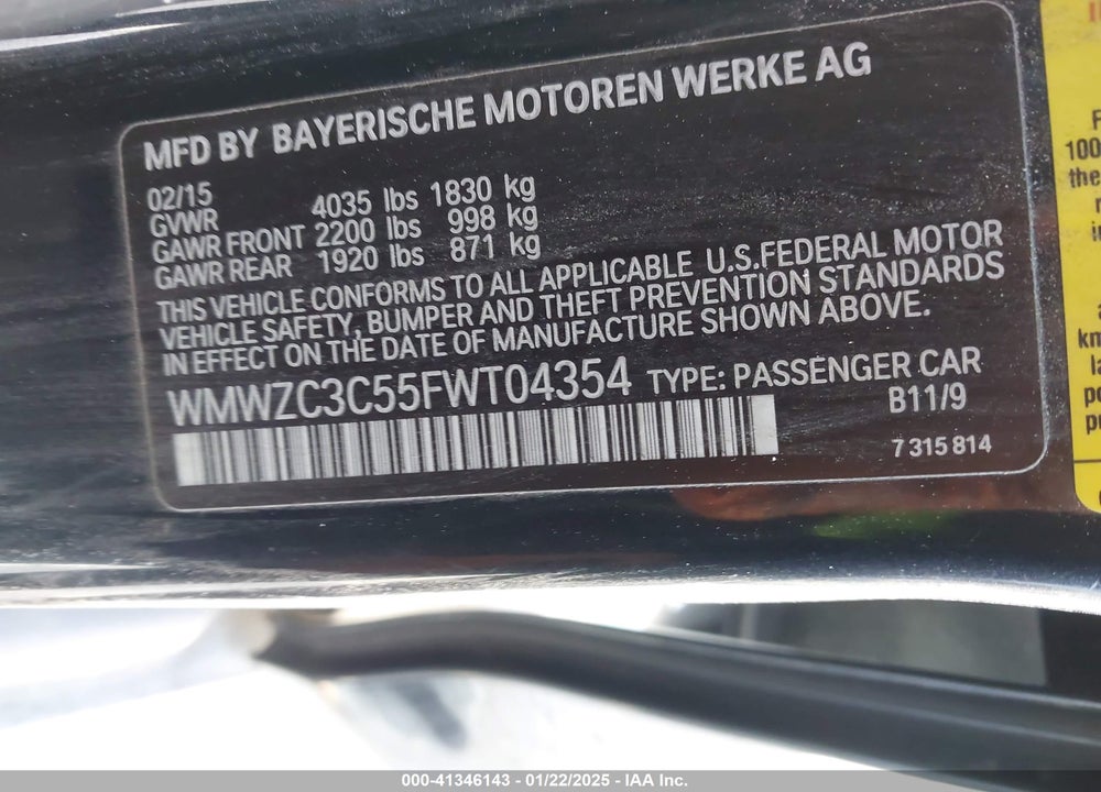 2015 MINI COUNTRYMAN VIN: WMWZC3C55FWT04354