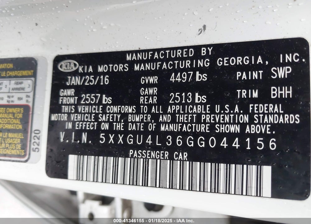 2016 KIA OPTIMA VIN: 5XXGU4L36GG044156