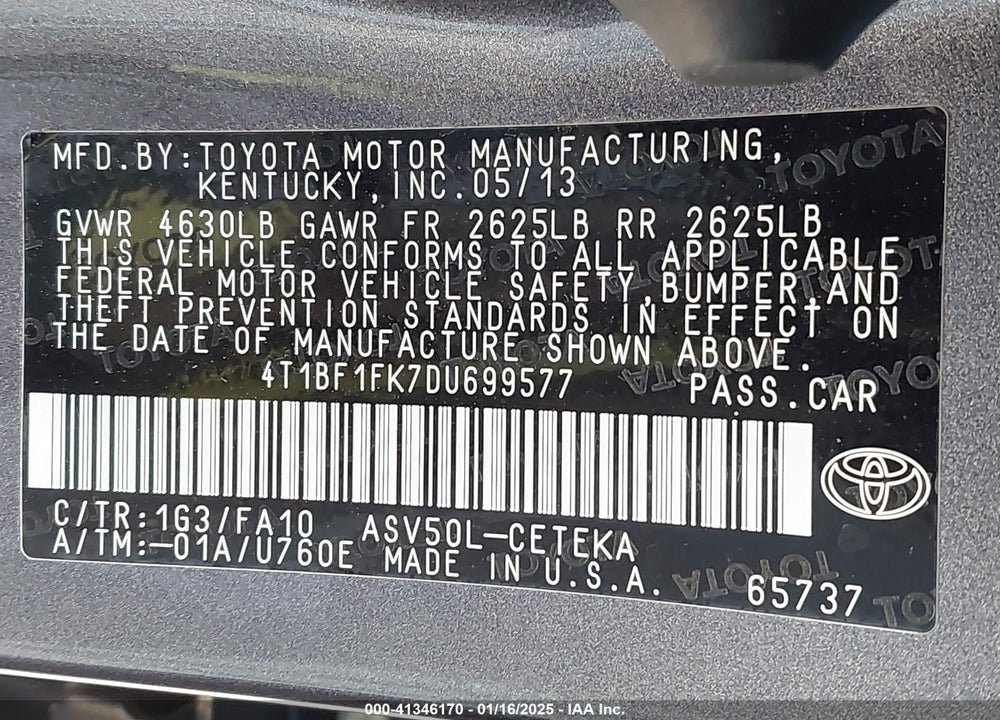 2013 TOYOTA CAMRY VIN: 4T1BF1FK7DU699577
