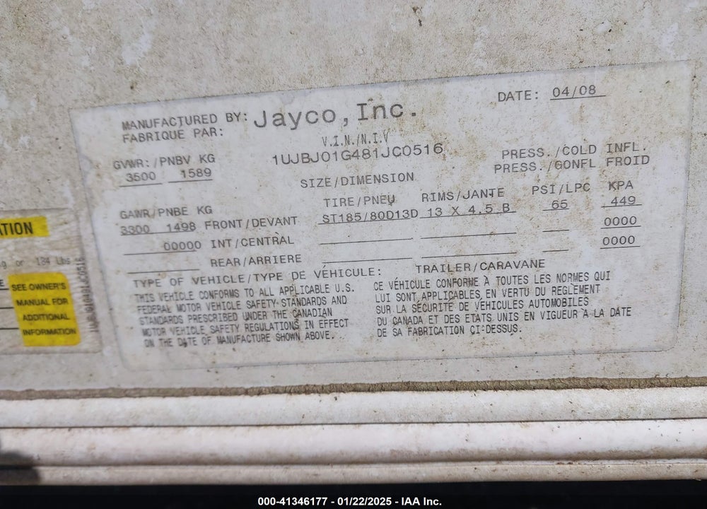 2008 JAYCO CAMPER VIN: 1UJ8J01G481JC0516