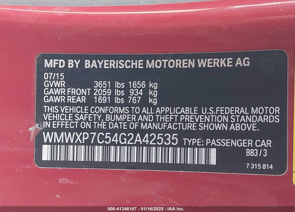 2016 MINI HARDTOP COOPER S VIN: WMWXP7C54G2A42535