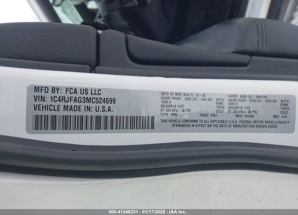 2021 JEEP GRAND CHEROKEE LAREDO E 4X4 VIN: 1C4RJFAG3MC524699