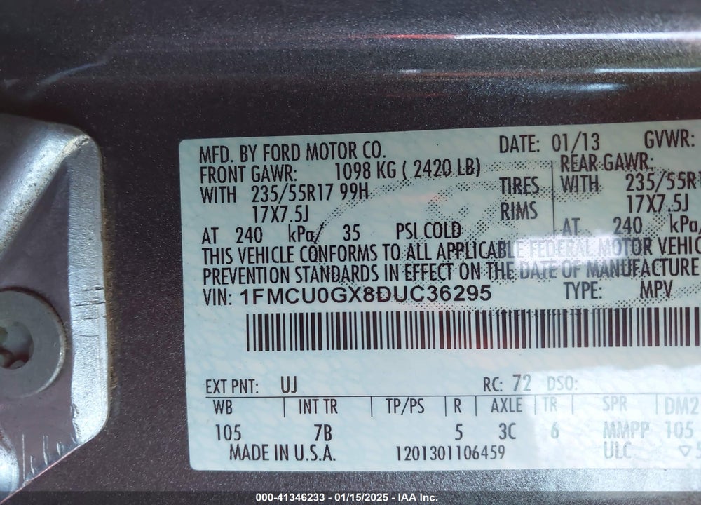 2013 FORD ESCAPE SE VIN: 1FMCU0GX8DUC36295