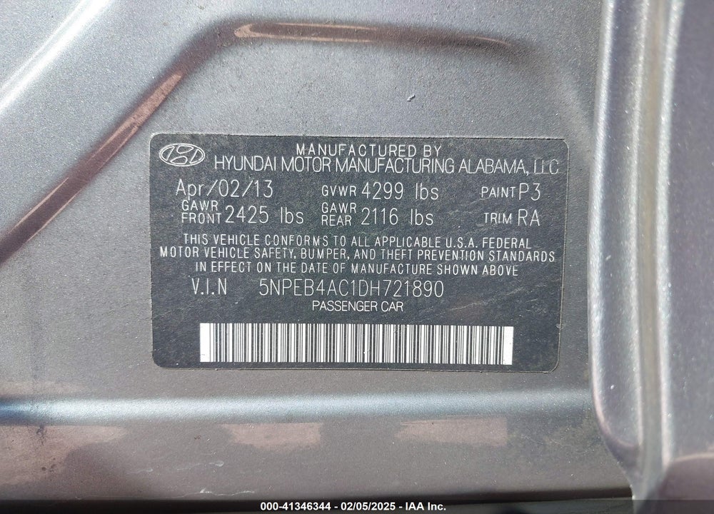 2013 HYUNDAI SONATA VIN: 5NPEB4AC1DH721890