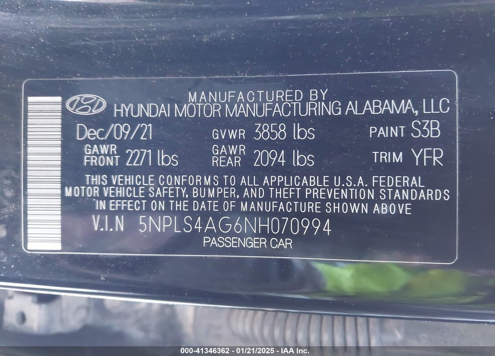 2022 HYUNDAI ELANTRA VIN: 5NPLS4AG6NH070994