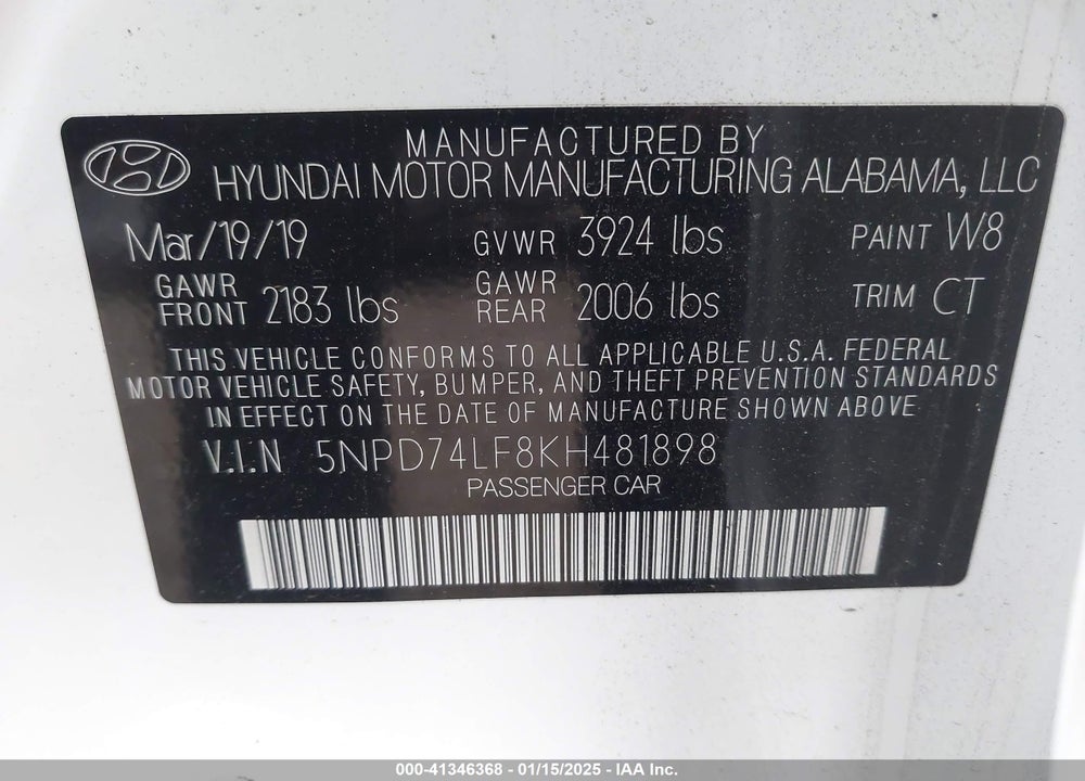 2019 HYUNDAI ELANTRA SE VIN: 5NPD74LF8KH481898