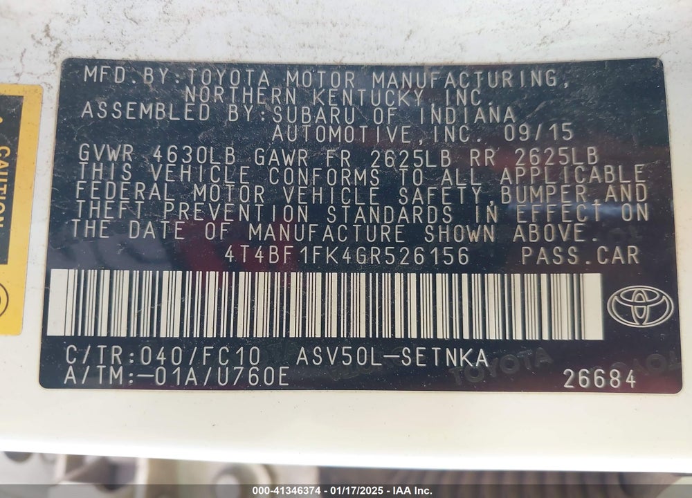 2016 TOYOTA CAMRY VIN: 4T4BF1FK4GR526156