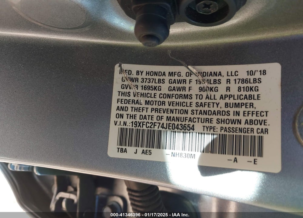 2018 HONDA CIVIC EX VIN: 19XFC2F74JE043654