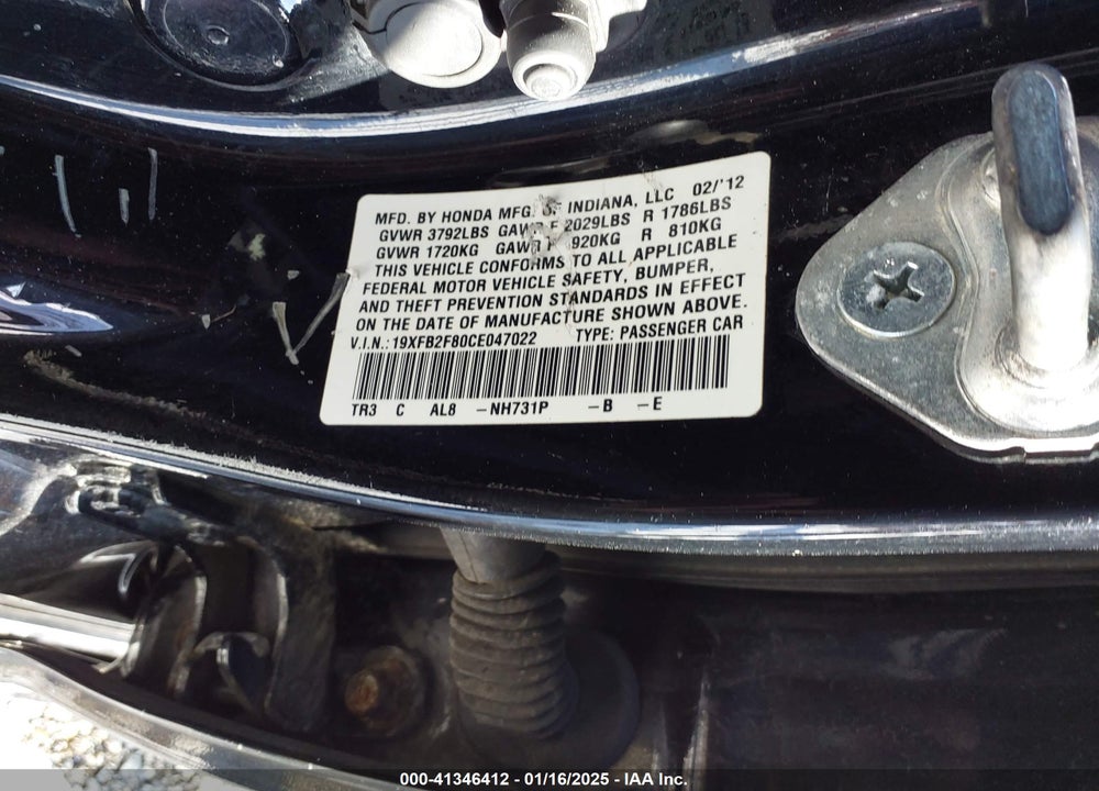 2012 HONDA CIVIC VIN: 19XFB2F80CE047022