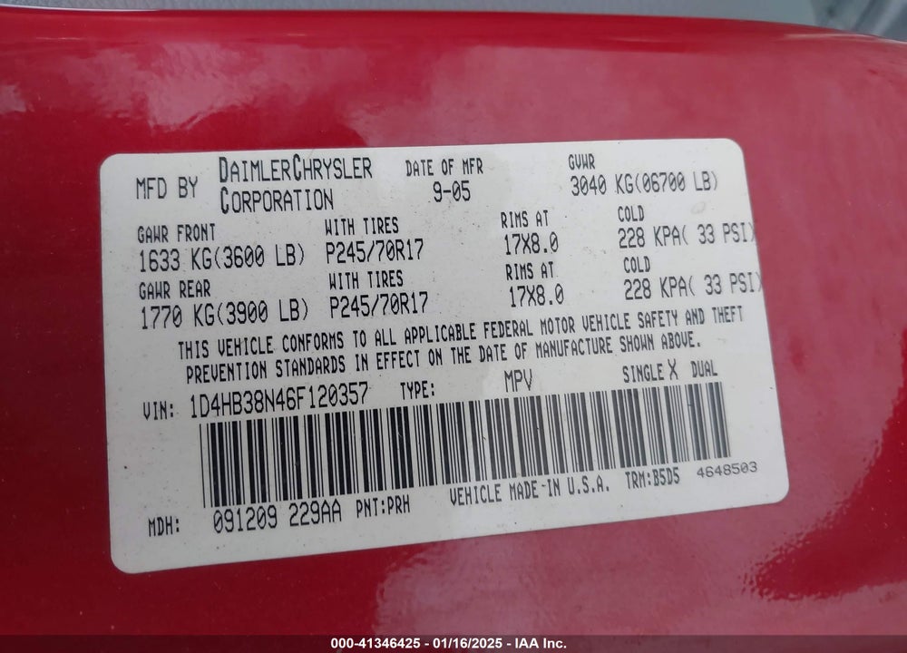 2006 DODGE DURANGO SXT VIN: 1D4HB38N46F120357