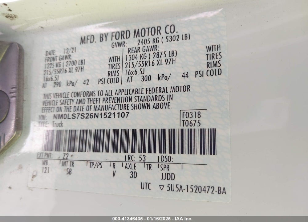 2022 FORD TRANSIT CONNECT XL CARGO VAN VIN: NM0LS7S26N1521107