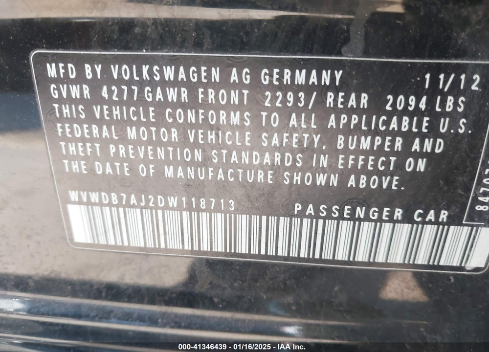 2013 VOLKSWAGEN GOLF VIN: WVWDB7AJ2DW118713