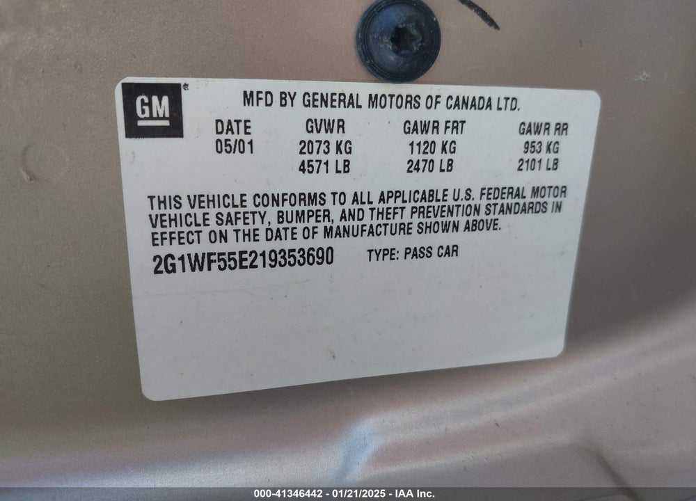 2001 CHEVROLET IMPALA VIN: 2G1WF55E219353690