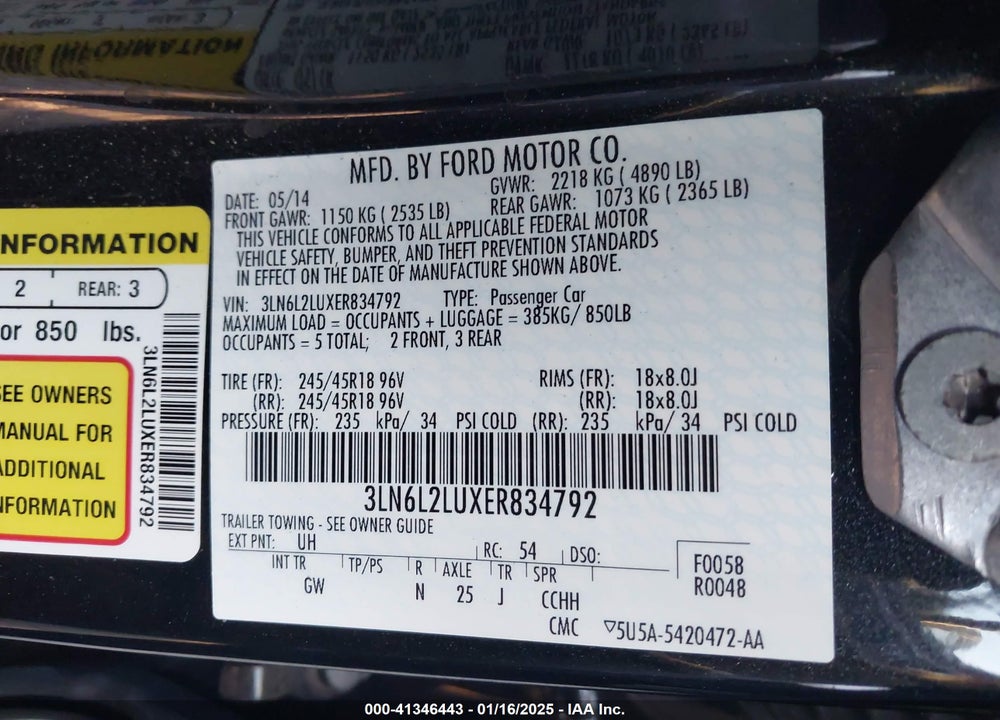 2014 LINCOLN MKZ HYBRID VIN: 3LN6L2LUXER834792