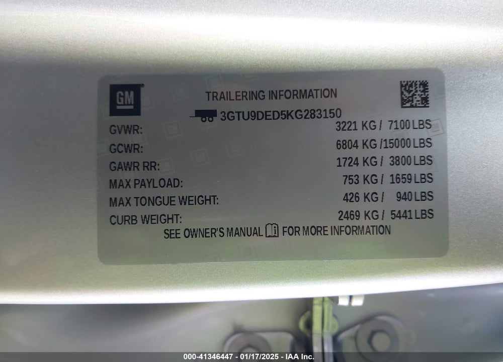 2019 GMC SIERRA 1500 VIN: 3GTU9DED5KG283150