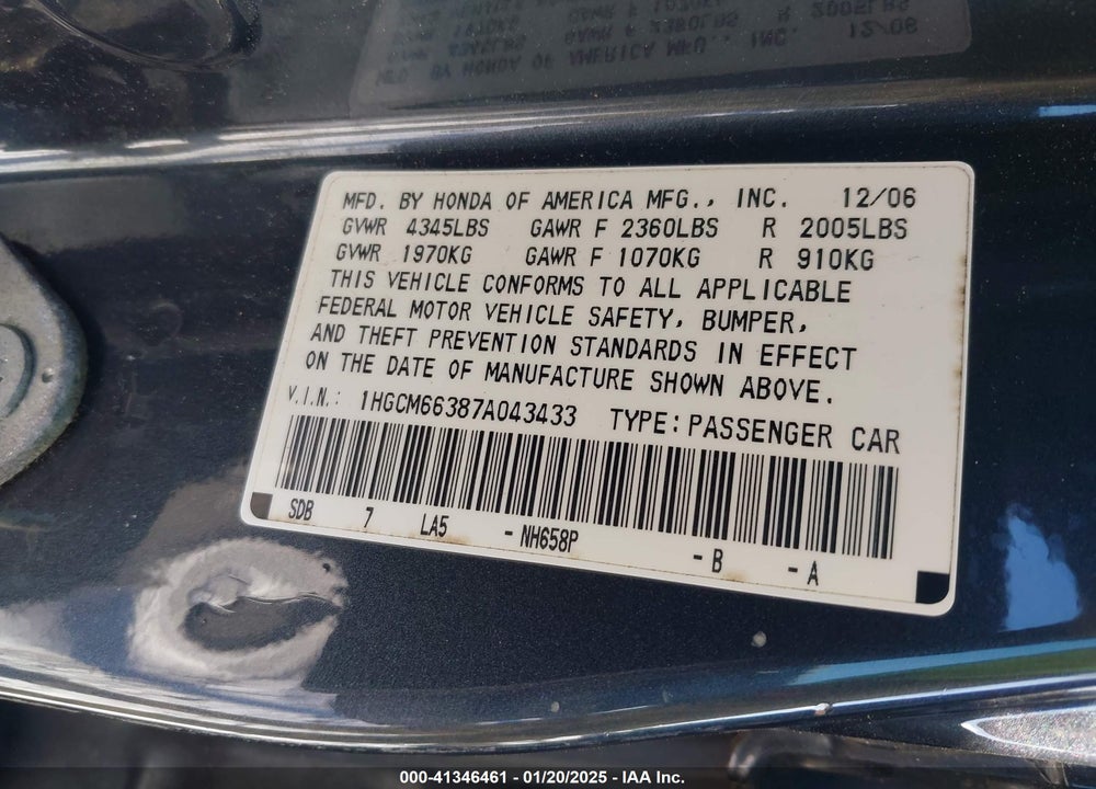 2007 HONDA ACCORD 3.0 LX VIN: 1HGCM66387A043433