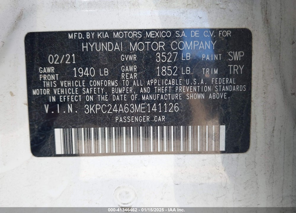 2021 HYUNDAI ACCENT SE VIN: 3KPC24A63ME141126