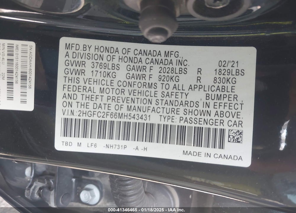 2021 HONDA CIVIC LX VIN: 2HGFC2F66MH543431