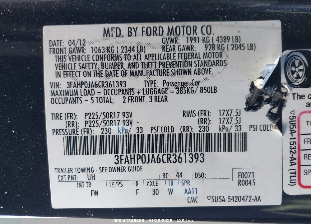 2012 FORD FUSION VIN: 3FAHP0JA6CR361393