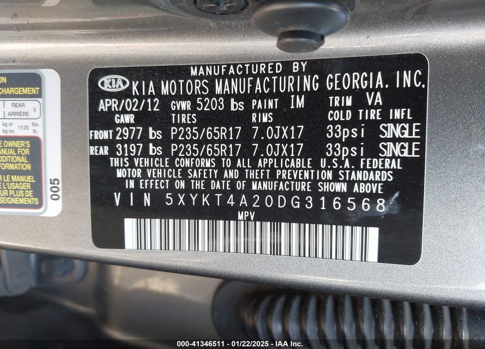 2013 KIA SORENTO LX V6 VIN: 5XYKT4A20DG316568