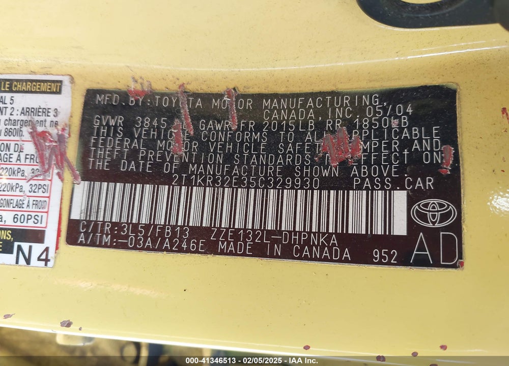 2005 TOYOTA MATRIX/XR VIN: 2T1KR32E35C329930