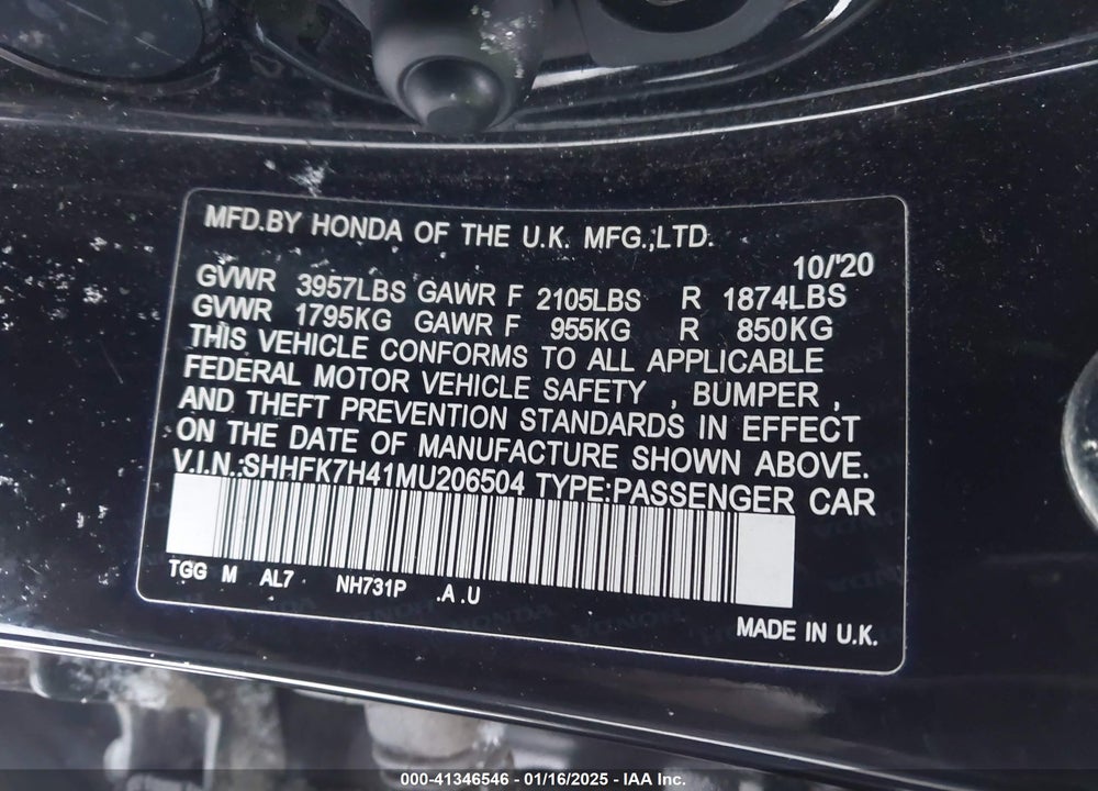 2021 HONDA CIVIC VIN: SHHFK7H41MU206504