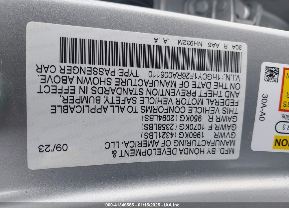 2024 HONDA ACCORD VIN: 1HGCY1F26RA006110