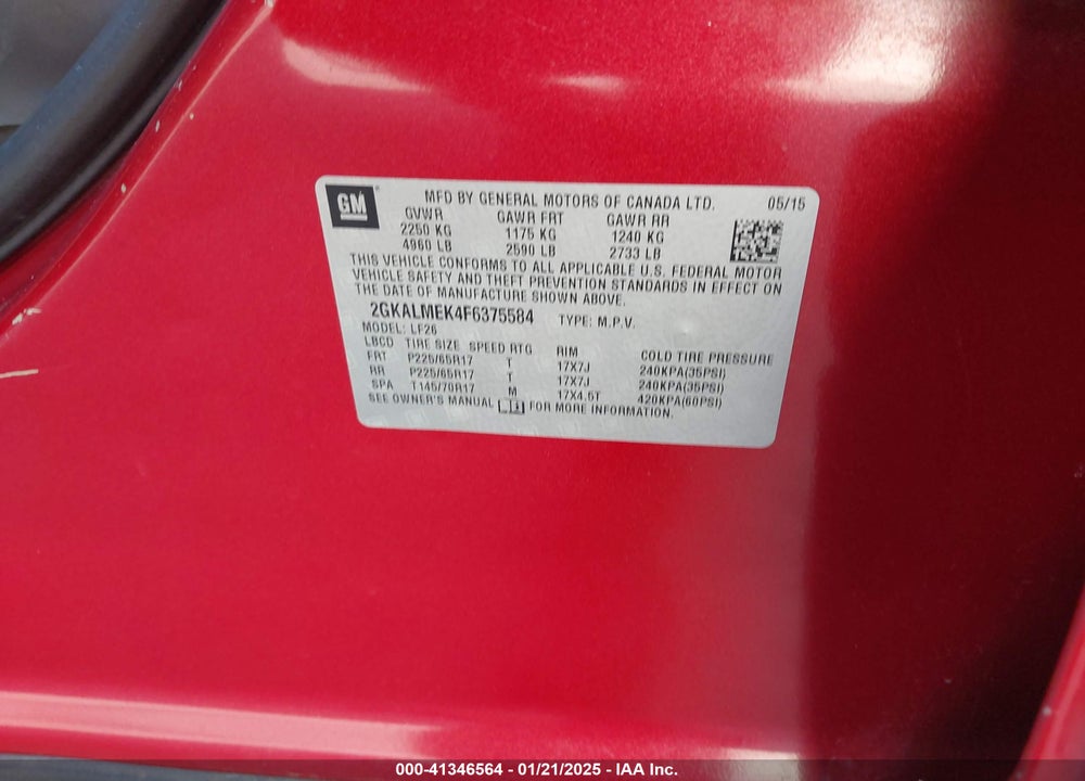 2015 GMC TERRAIN SLE-1 VIN: 2GKALMEK4F6375584