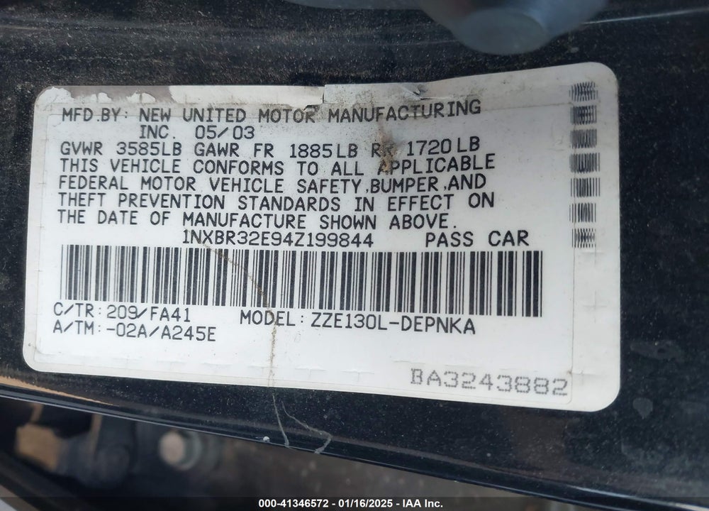 2004 TOYOTA COROLLA LE VIN: 1NXBR32E94Z199844