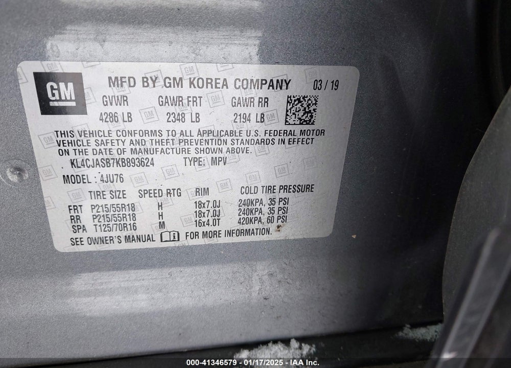 2019 BUICK ENCORE FWD PREFERRED VIN: KL4CJASB7KB893624