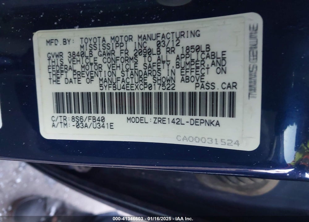 2012 TOYOTA COROLLA VIN: 5YFBU4EEXCP017522