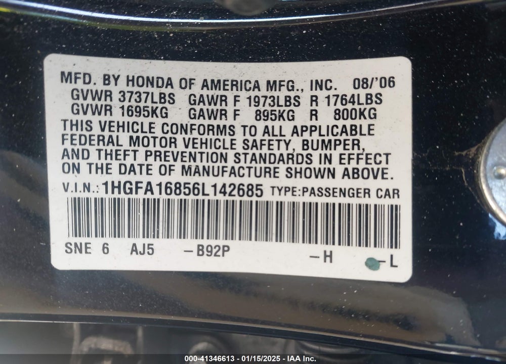 2006 HONDA CIVIC EX VIN: 1HGFA16856L142685