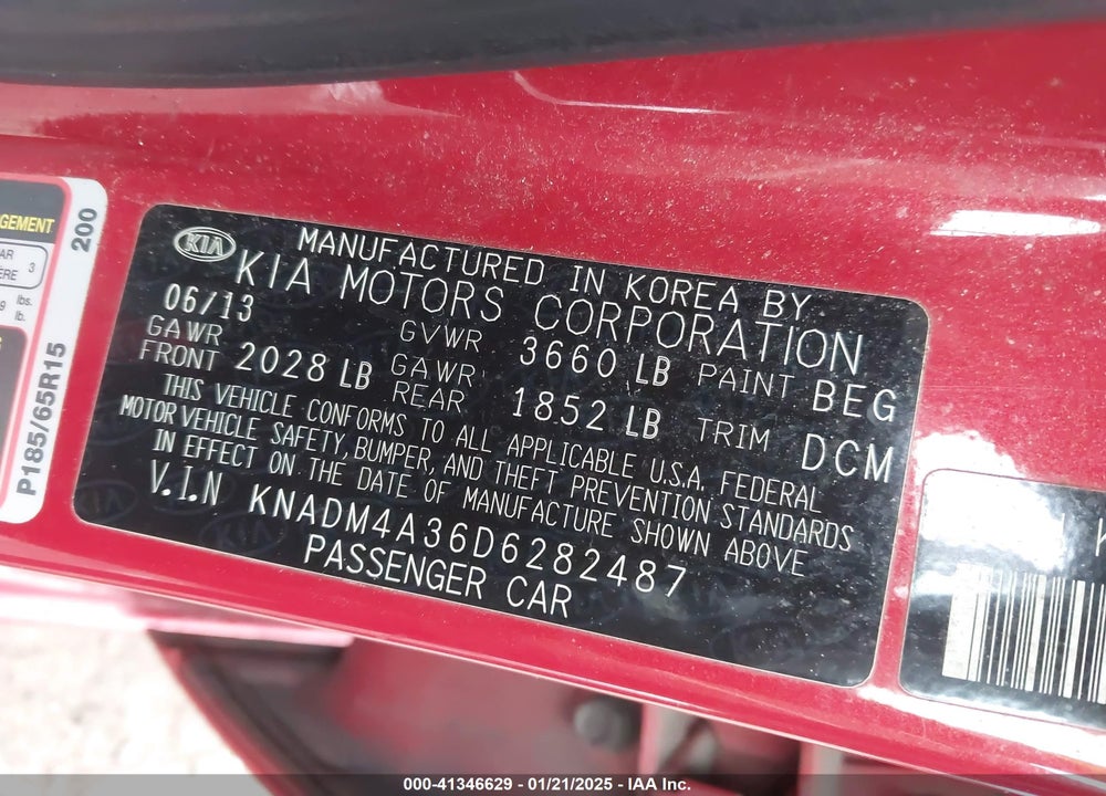 2013 KIA RIO LX VIN: KNADM4A36D6282487