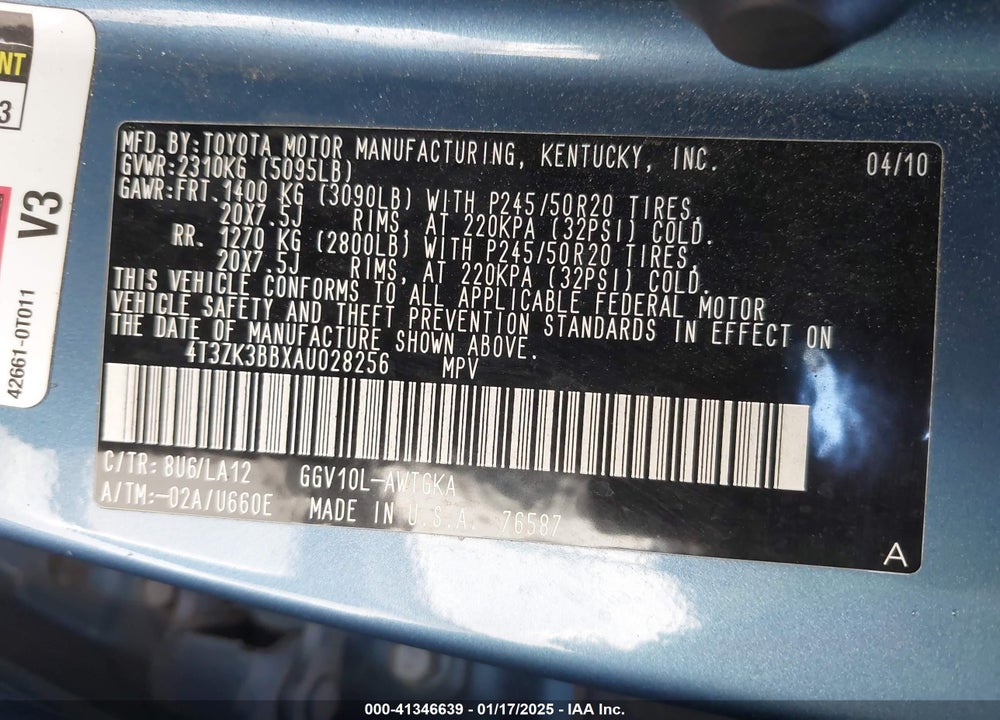 2010 TOYOTA VENZA BASE V6 VIN: 4T3ZK3BBXAU028256