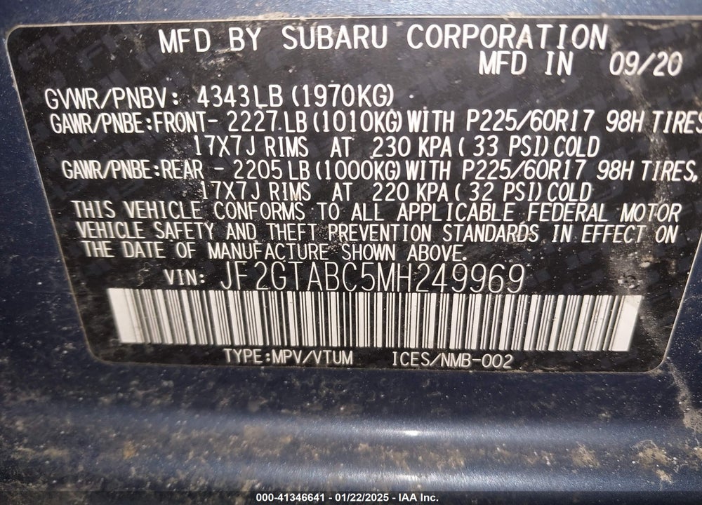 2021 SUBARU CROSSTREK VIN: JF2GTABC5MH249969