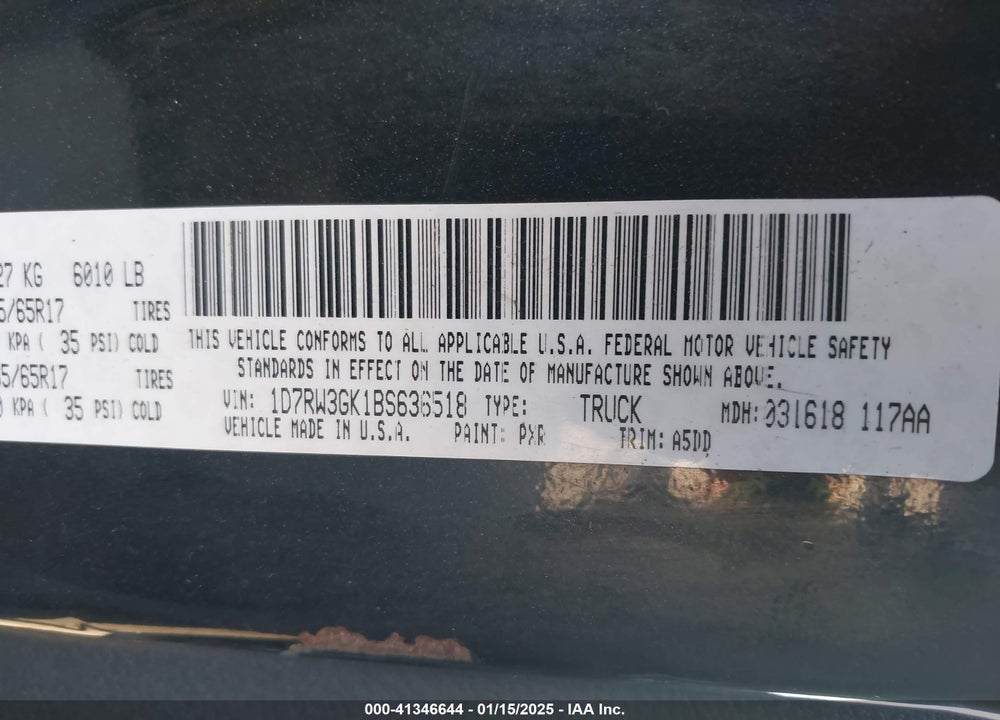 2011 RAM DAKOTA VIN: 1D7RW3GK1BS636518