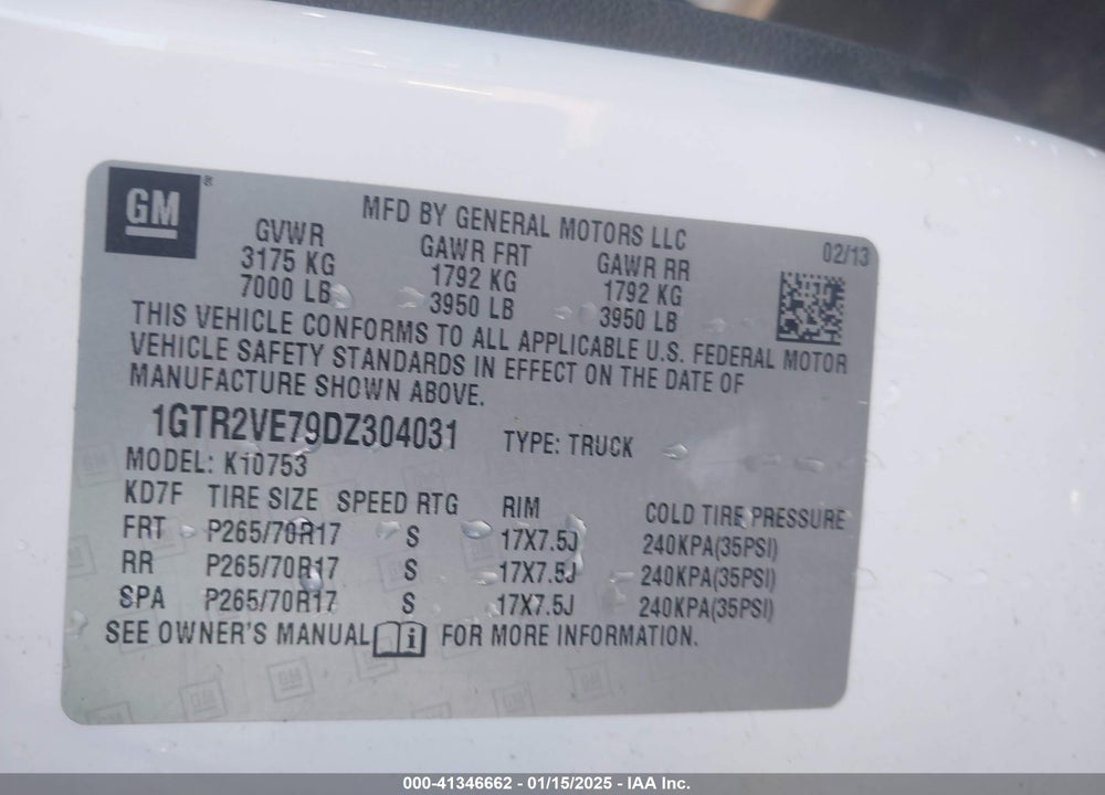2013 GMC SIERRA 1500 SLE VIN: 1GTR2VE79DZ304031