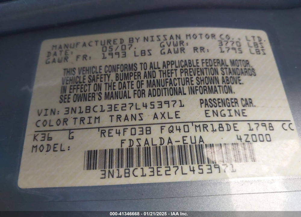 2007 NISSAN VERSA 1.8S VIN: 3N1BC13E27L453971
