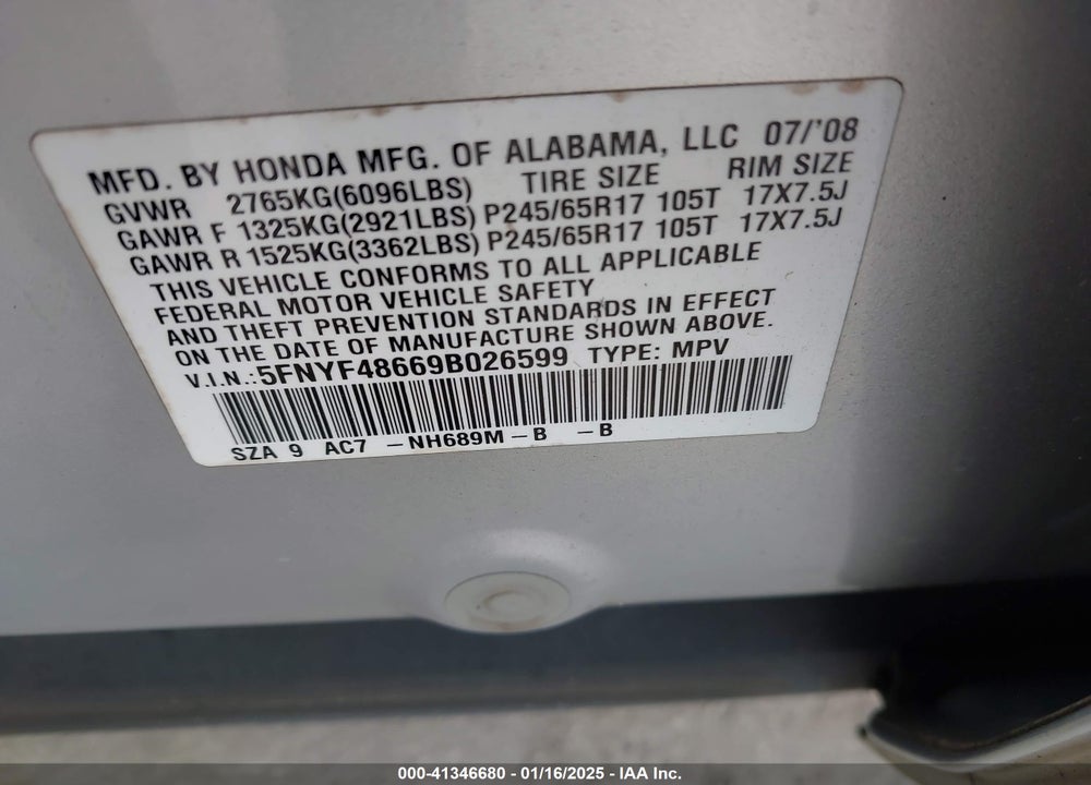 2009 HONDA PILOT EX-L VIN: 5FNYF48669B026599