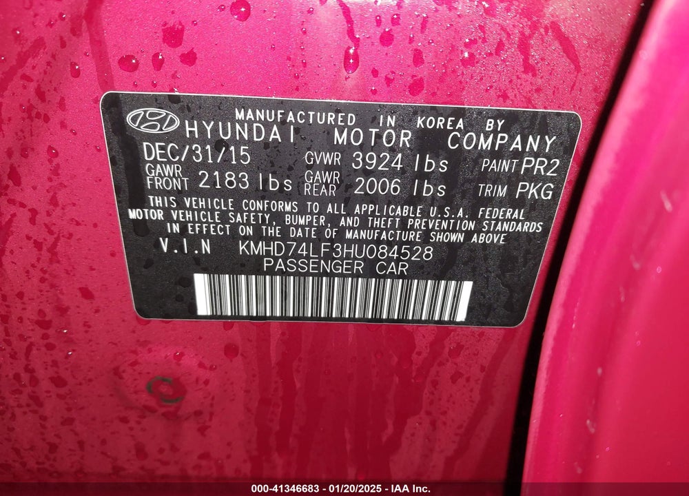 2017 HYUNDAI ELANTRA SE VIN: KMHD74LF3HU084528