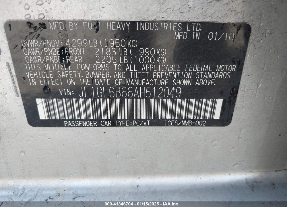 2010 SUBARU IMPREZA VIN: JF1GE6B66AH512049