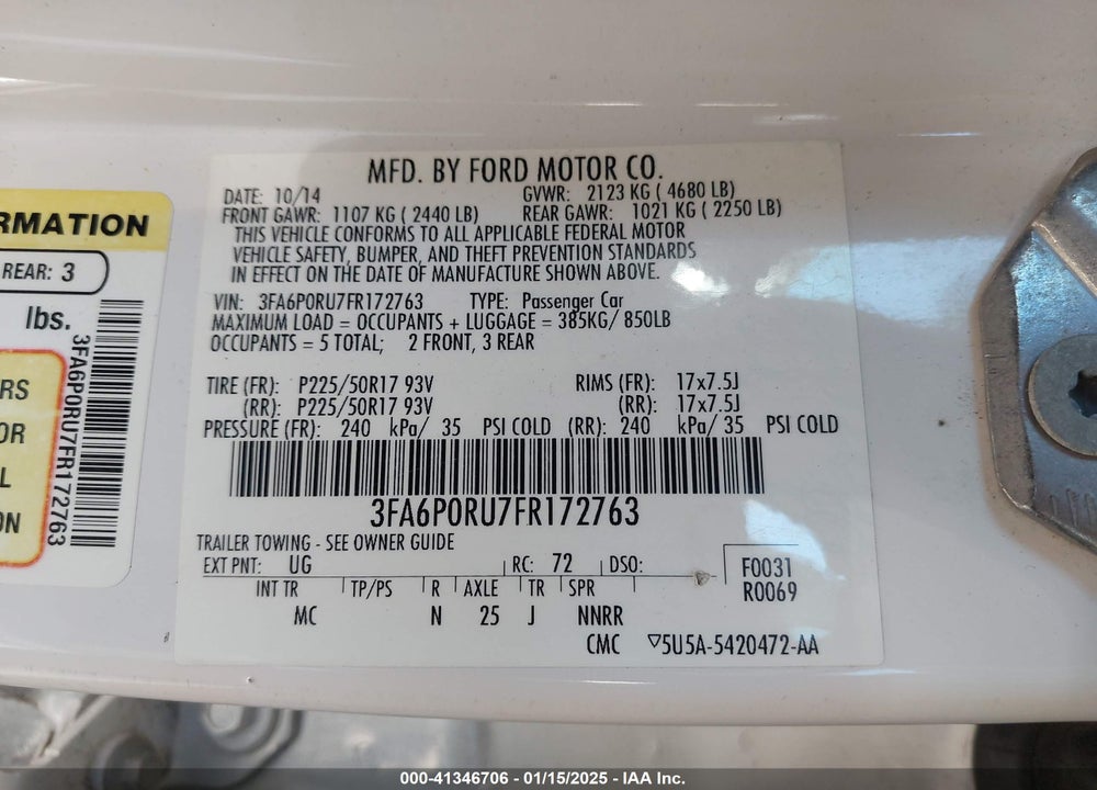2015 FORD FUSION HYBRID TITANIUM VIN: 3FA6P0RU7FR172763