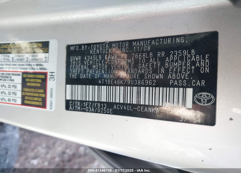 2009 TOYOTA CAMRY VIN: 4T1BE46K79U386962